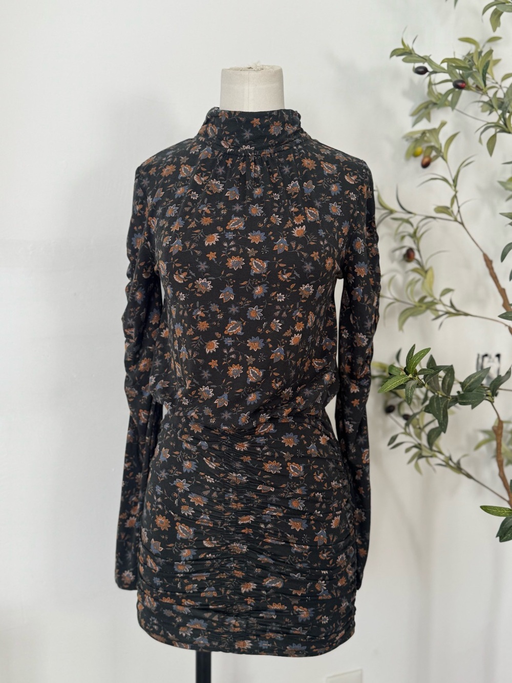 Evereve XS Floral Ruched Mock Neck Mini Dress Black Long Sleeve Bodycon Modal